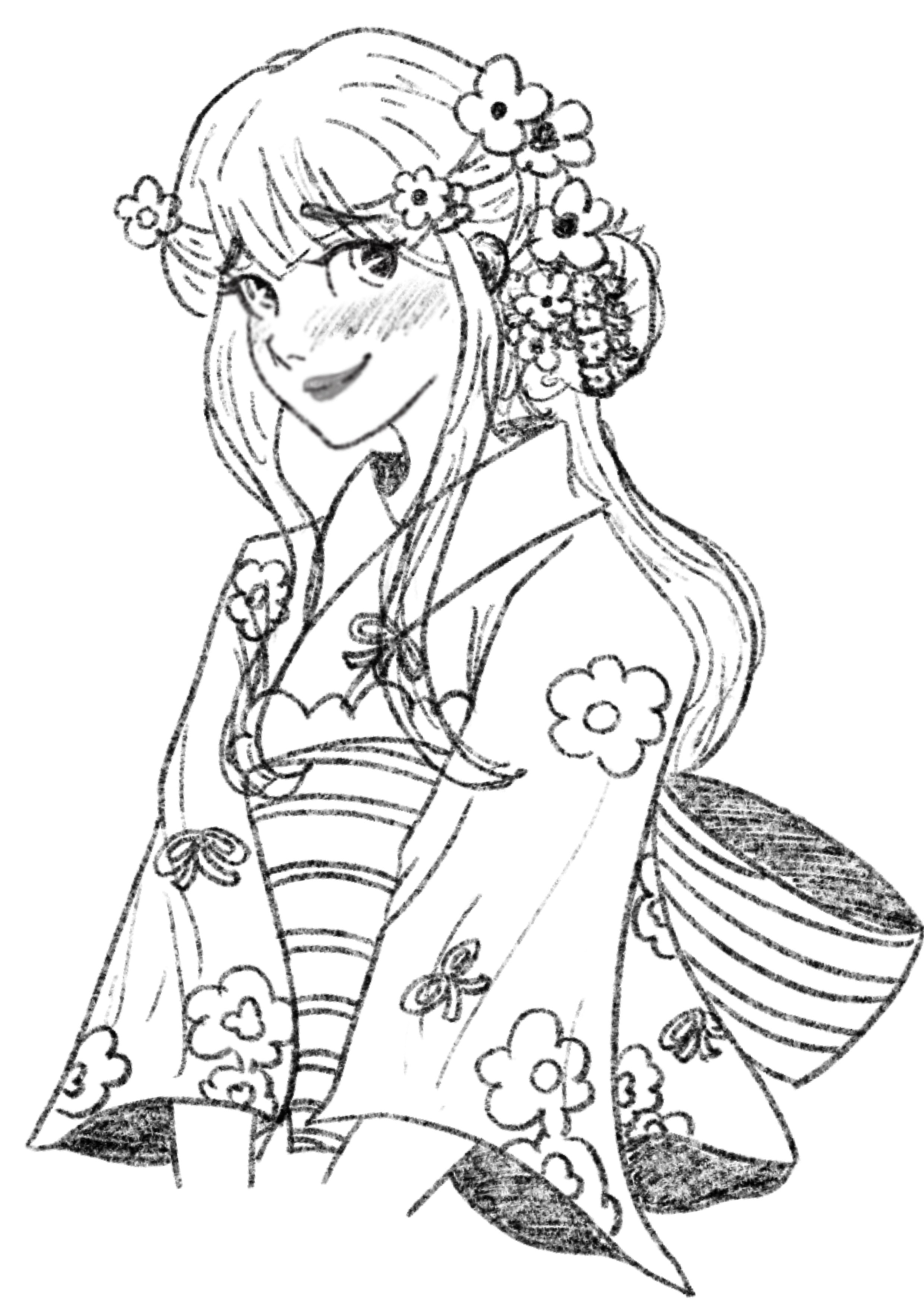Lined halfbody sketch of Nene in her Summer lights arc flower yukata with flowers in her hair .